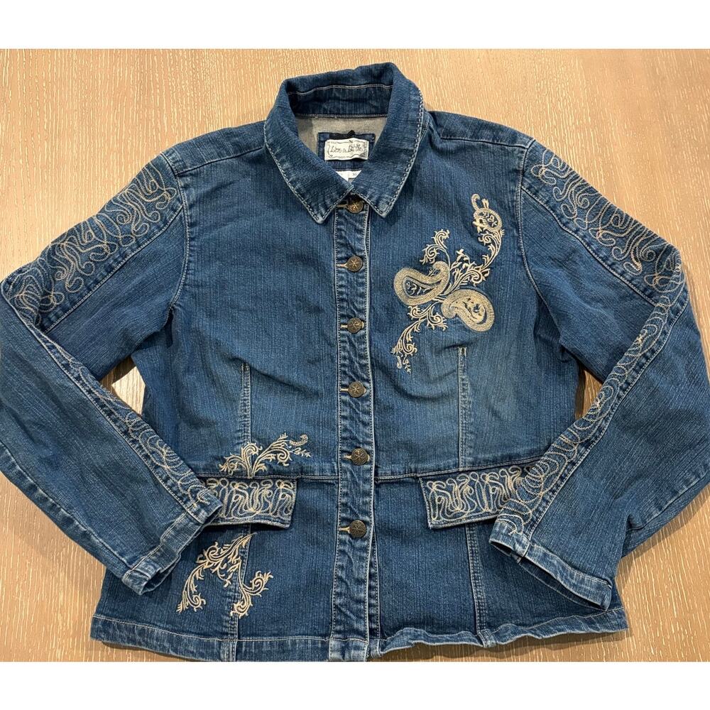Live A Little Women's Denim Jacket Medium Wash Embroidered Size XL Y2K Button